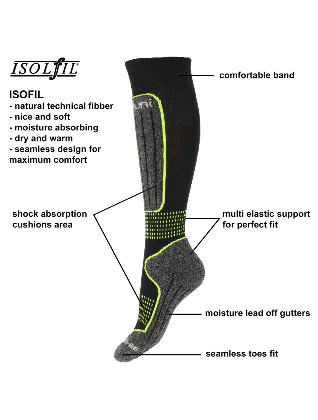 Deluni, Gaia 3 pair ski socks 3 pair unisex Black With Neon Green Lines black, green 