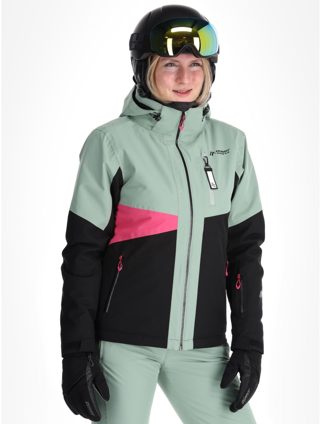 Maier Sports, Vidra ski jacket women Black / Luscious Moss / Pink Flambé black, green, pink 