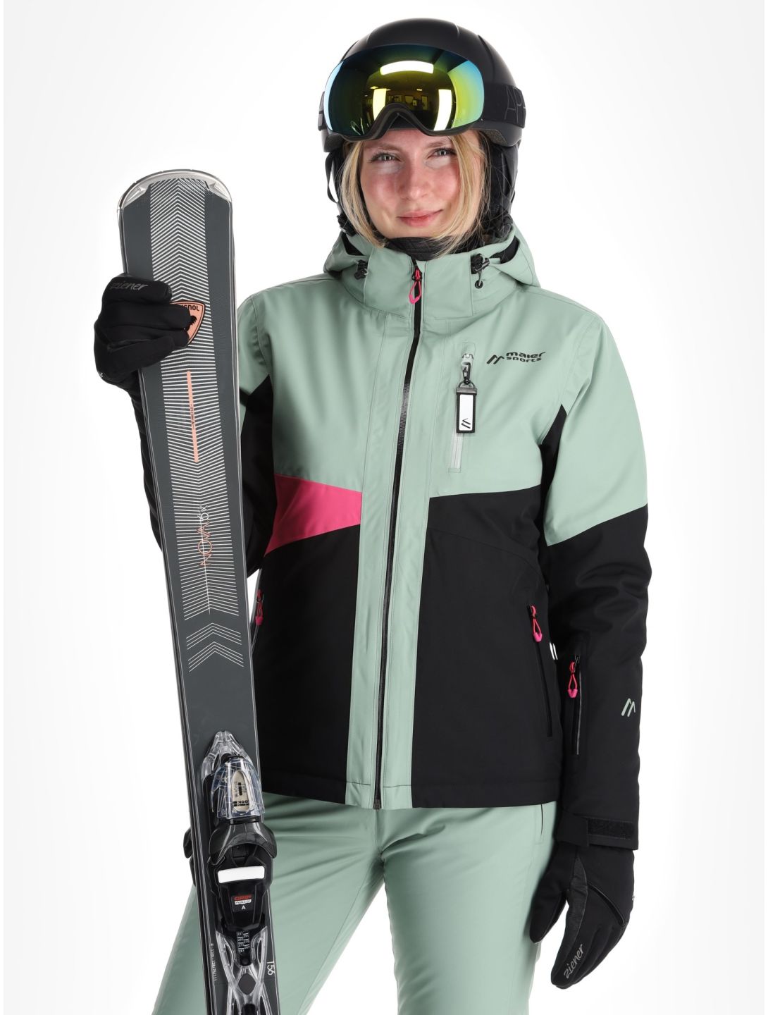 Maier Sports, Vidra ski jacket women Black / Luscious Moss / Pink Flambé black, green, pink 