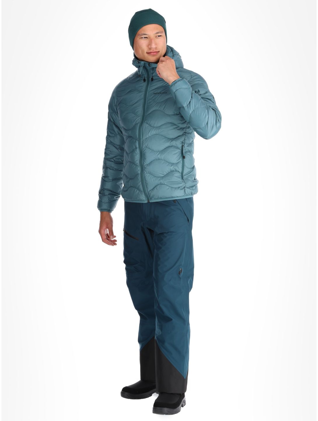 Peak Performance, M Helium Down Hood down jacket men Hydro Fresh / Infinity Teel blue 