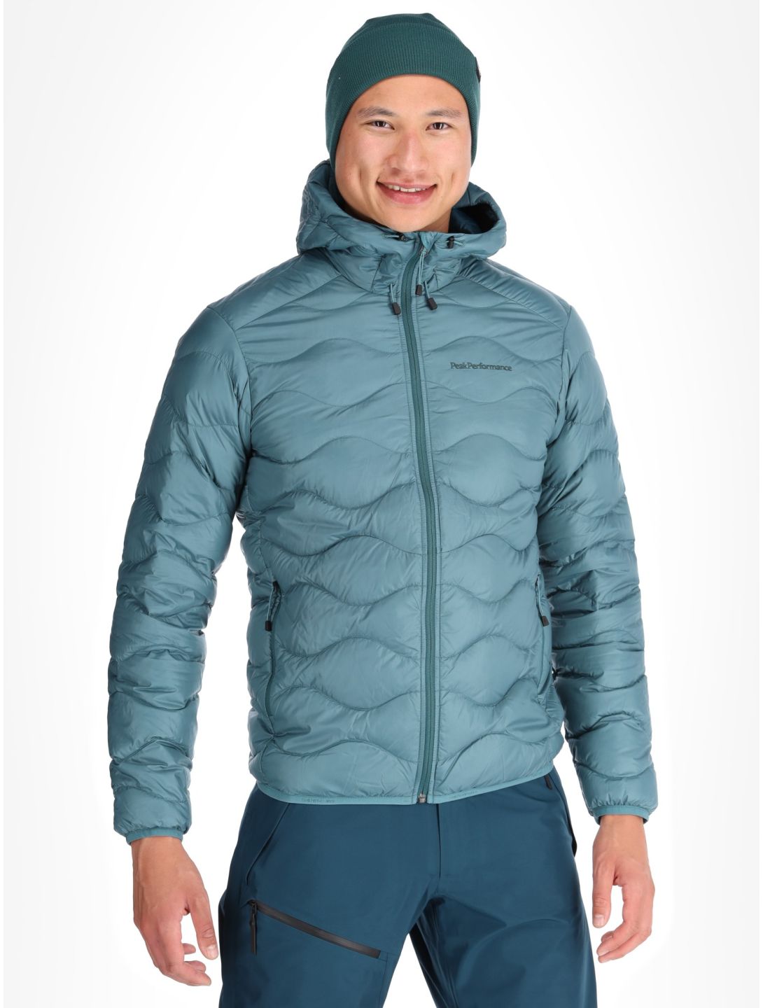 Peak Performance, M Helium Down Hood down jacket men Hydro Fresh / Infinity Teel blue 