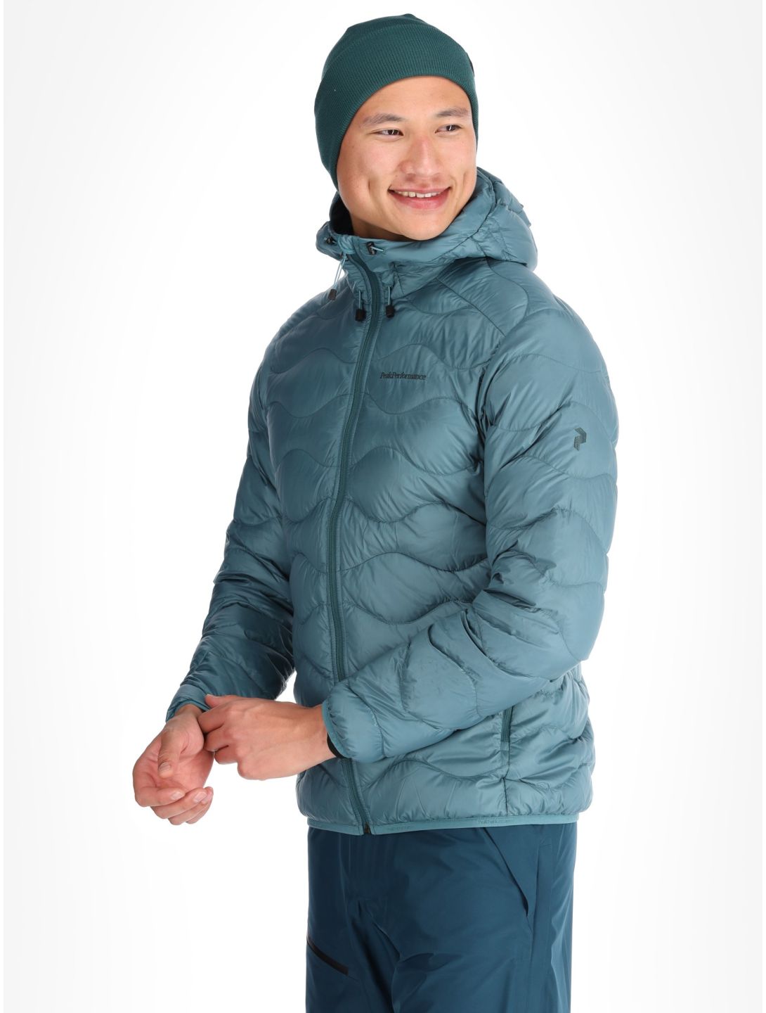 Peak Performance, M Helium Down Hood down jacket men Hydro Fresh / Infinity Teel blue 