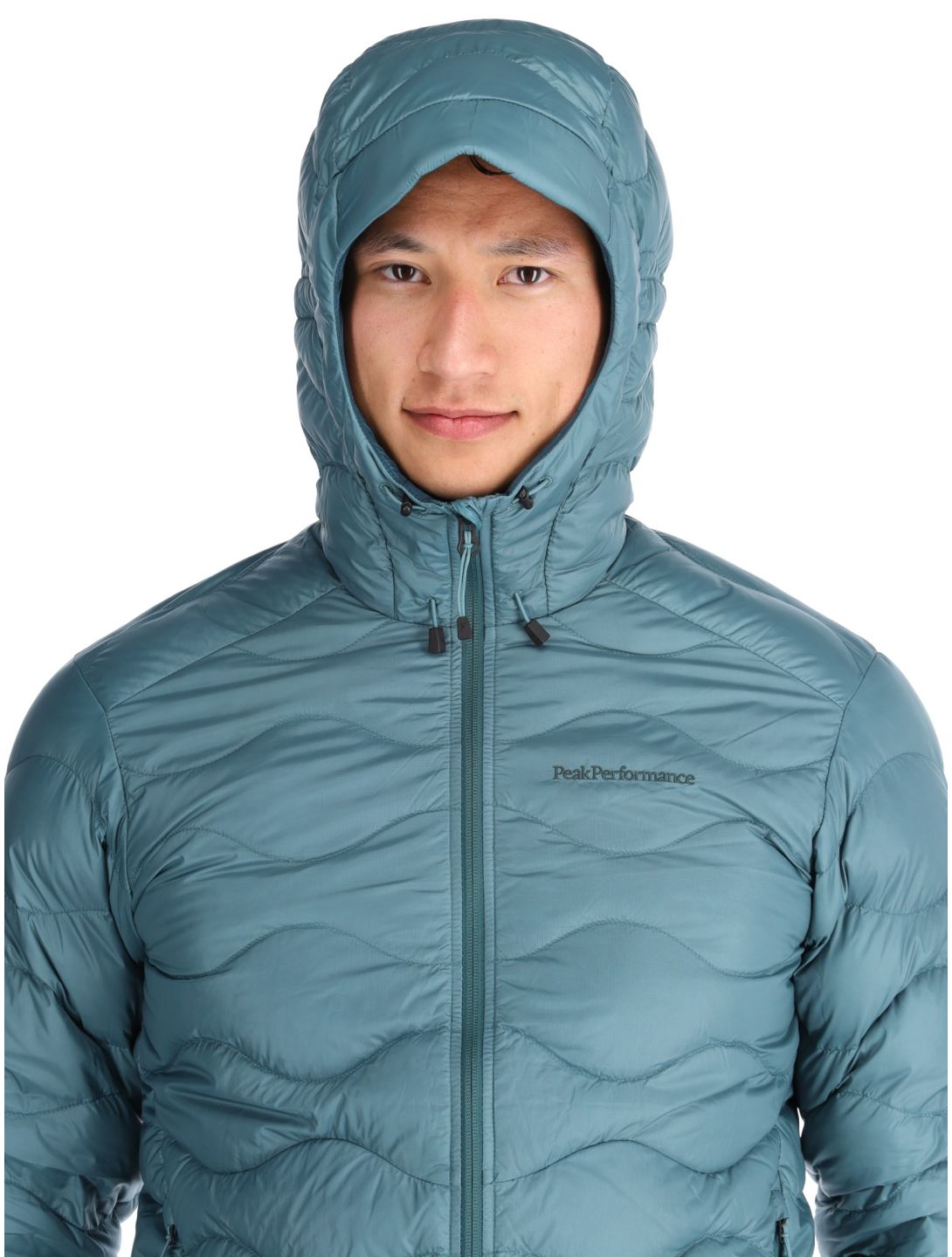 Peak Performance, M Helium Down Hood down jacket men Hydro Fresh / Infinity Teel blue 