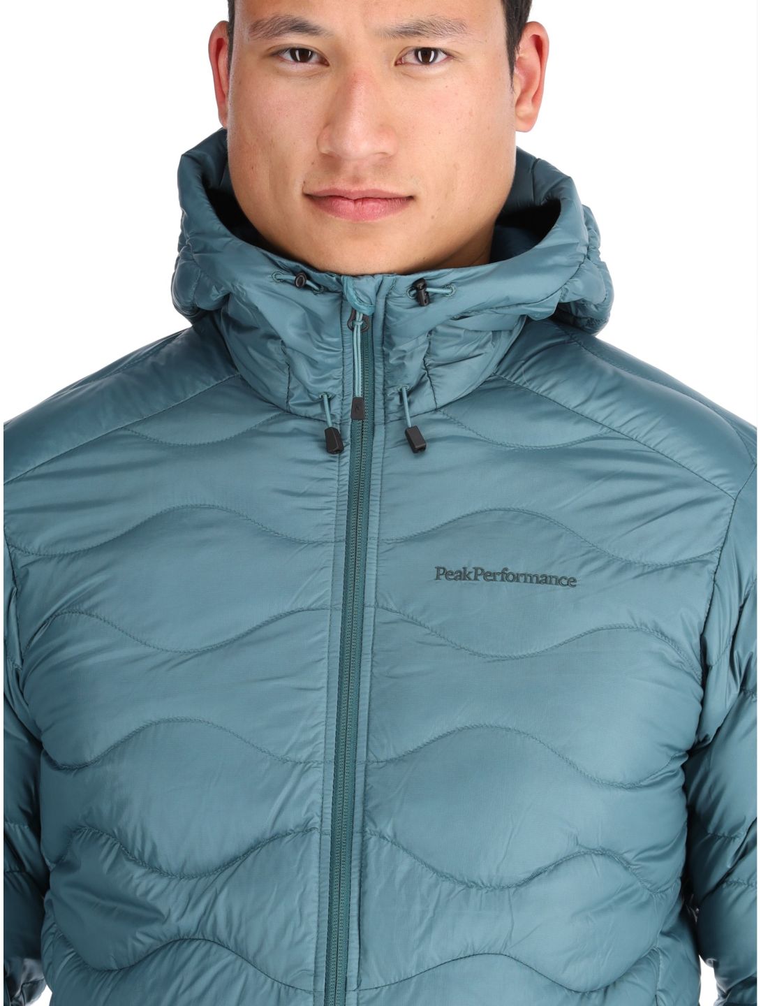 Peak Performance, M Helium Down Hood down jacket men Hydro Fresh / Infinity Teel blue 