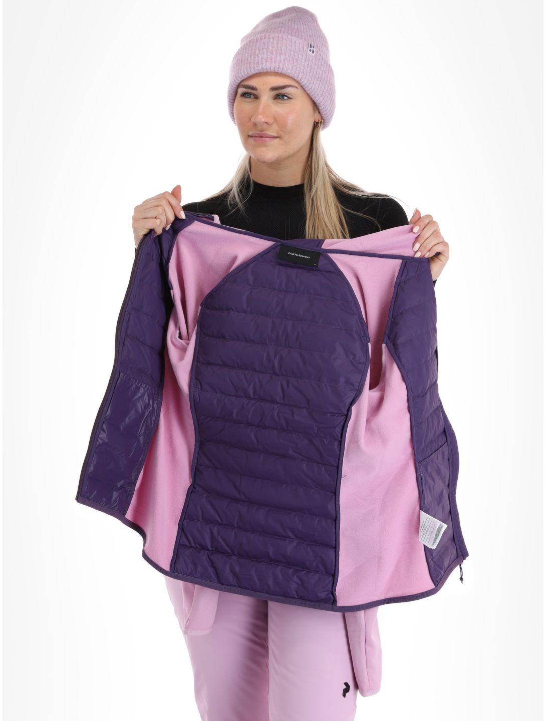 Peak Performance, W Down Hybrid Hood jacket women Indigo Statice Lilac pink 