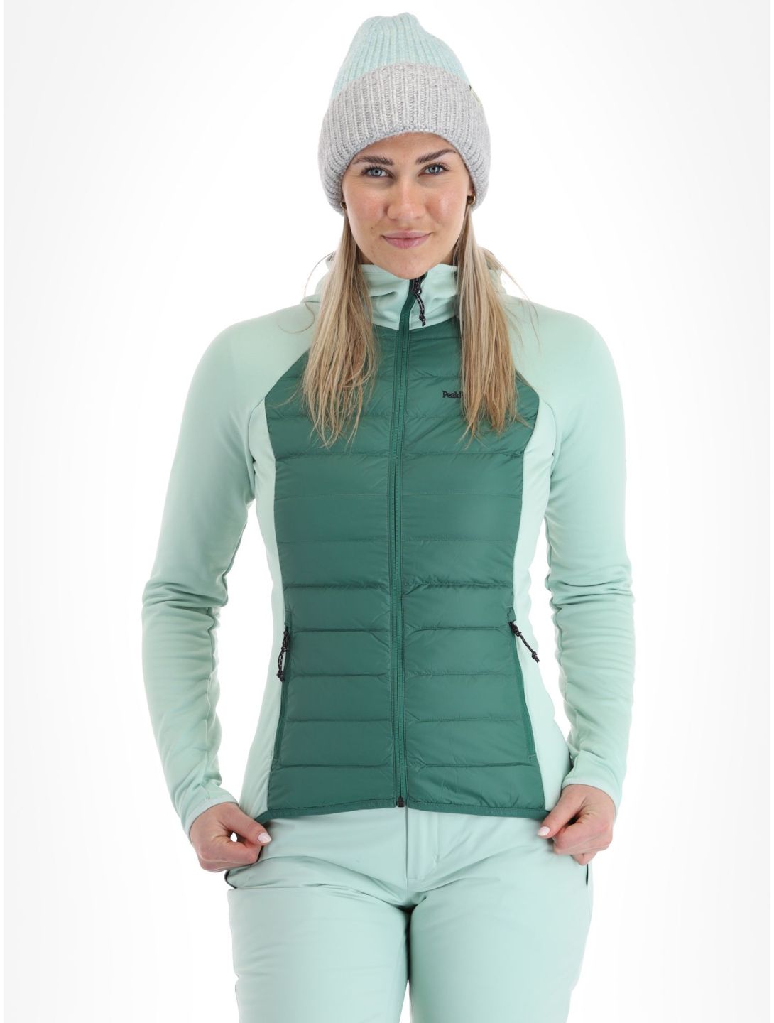 Peak Performance, W Down Hybrid Hood jacket women Smoke Pine Delta Green green 