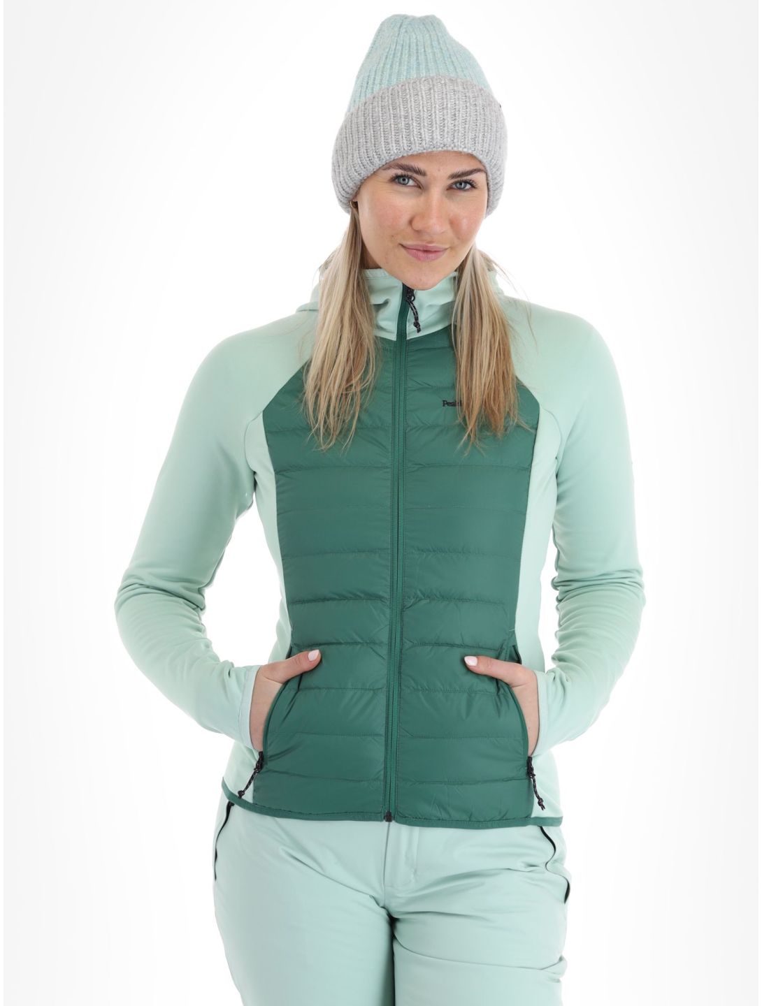 Peak Performance, W Down Hybrid Hood jacket women Smoke Pine Delta Green green 