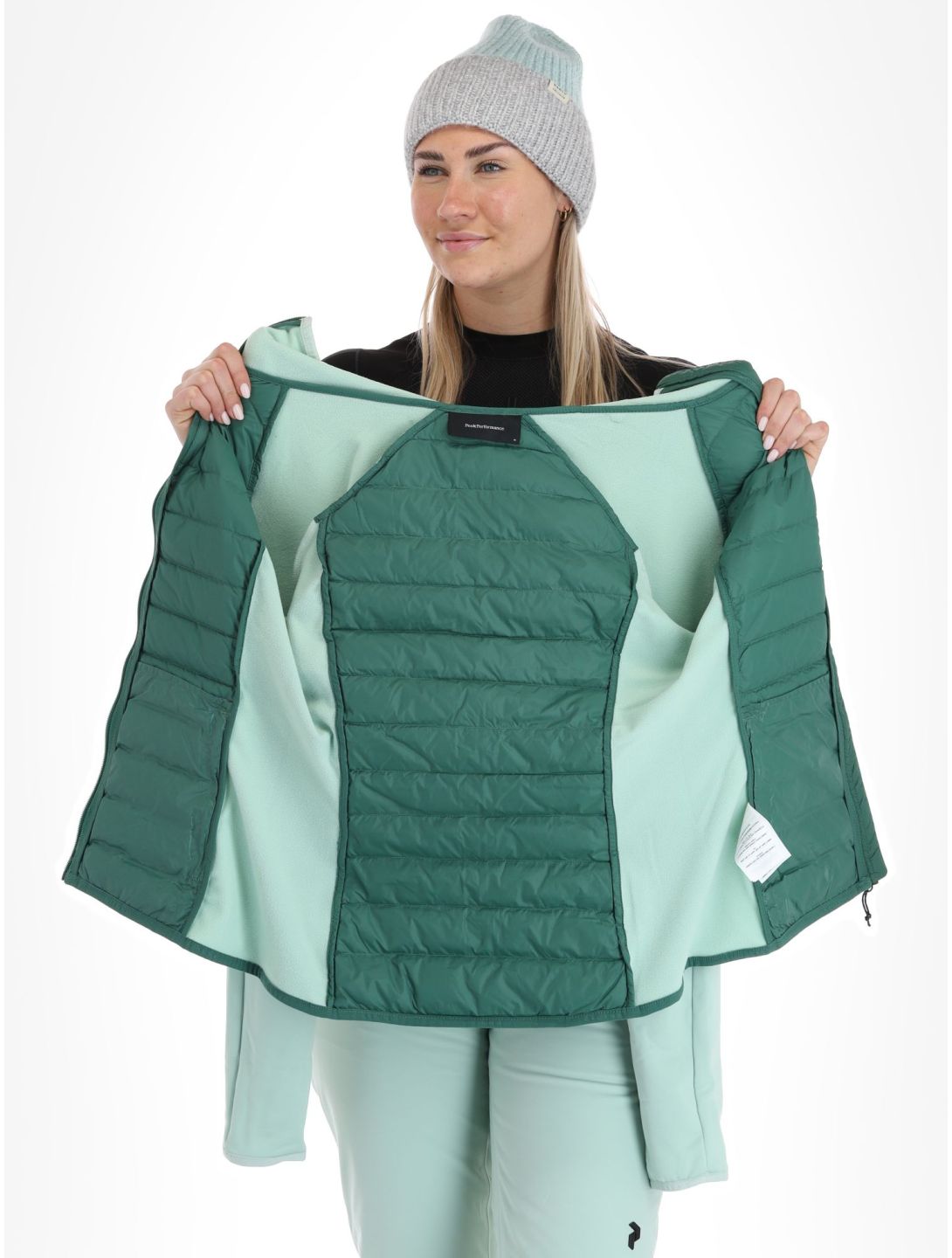 Peak Performance, W Down Hybrid Hood jacket women Smoke Pine Delta Green green 