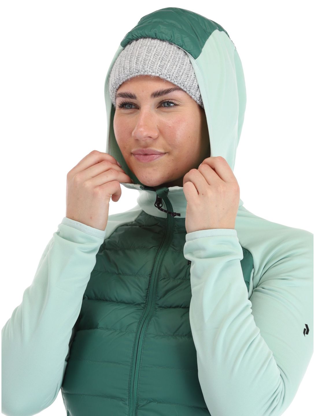 Peak Performance, W Down Hybrid Hood jacket women Smoke Pine Delta Green green 