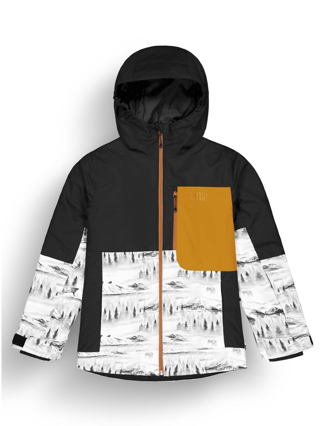 Picture, Daumy ski jacket kids Black Mood Print Honey black, blue, orange 