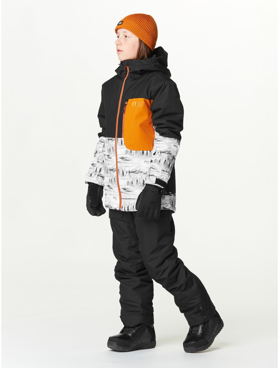 Picture, Daumy ski jacket kids Black Mood Print Honey black, blue, orange 