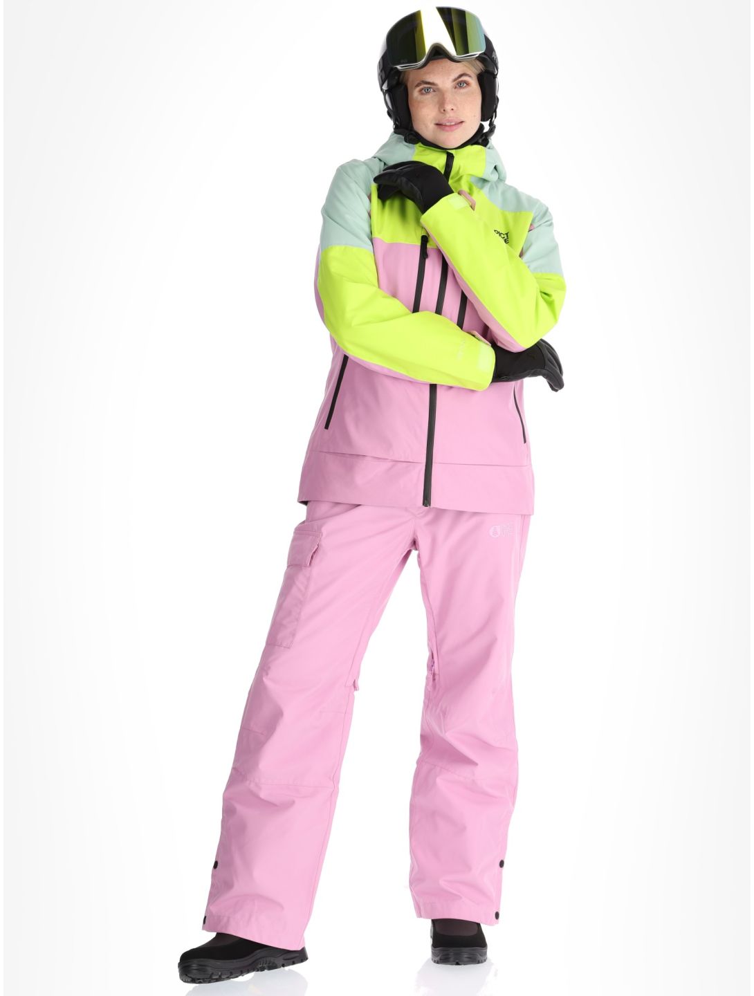 Pink and green ski suit on sale