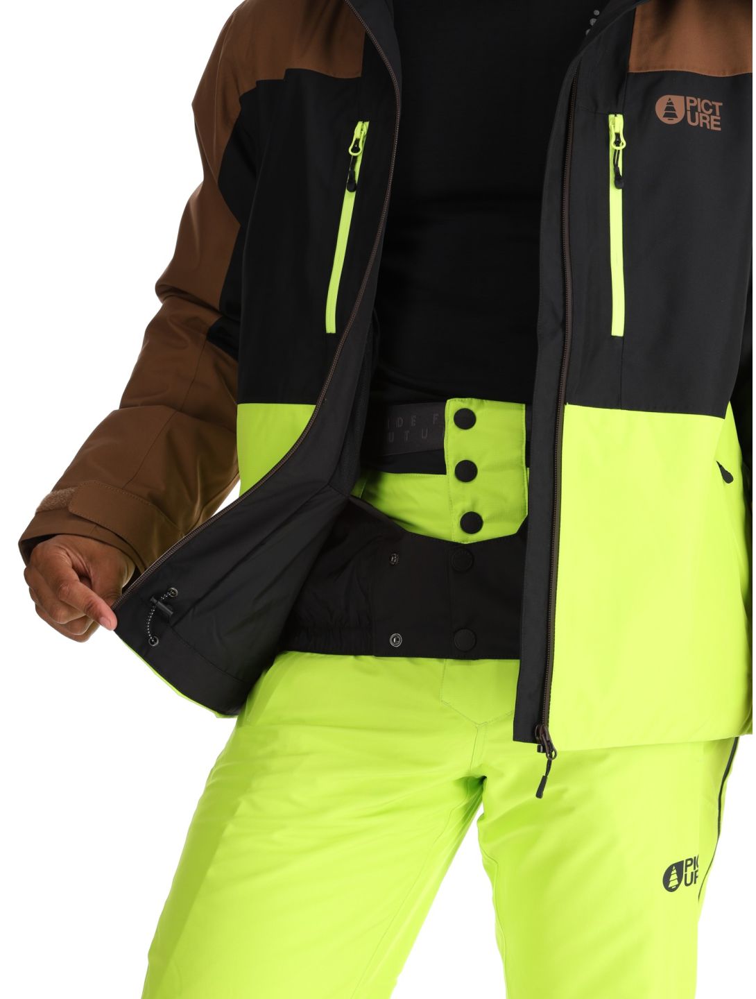 Picture, Object ski jacket men Cocoa Brown Black Acid Lime black, brown, yellow 