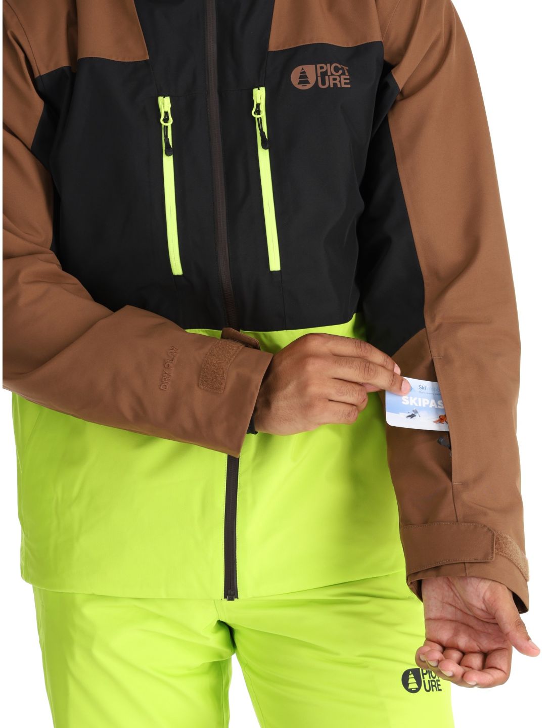 Picture, Object ski jacket men Cocoa Brown Black Acid Lime black, brown, yellow 