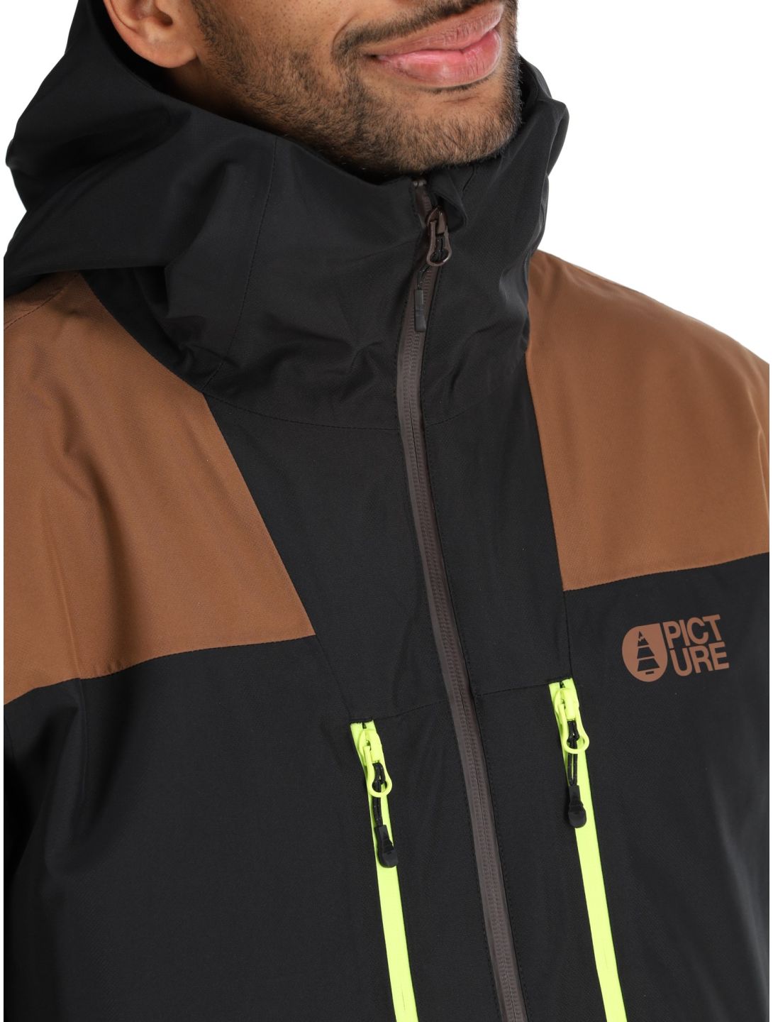 Picture, Object ski jacket men Cocoa Brown Black Acid Lime black, brown, yellow 