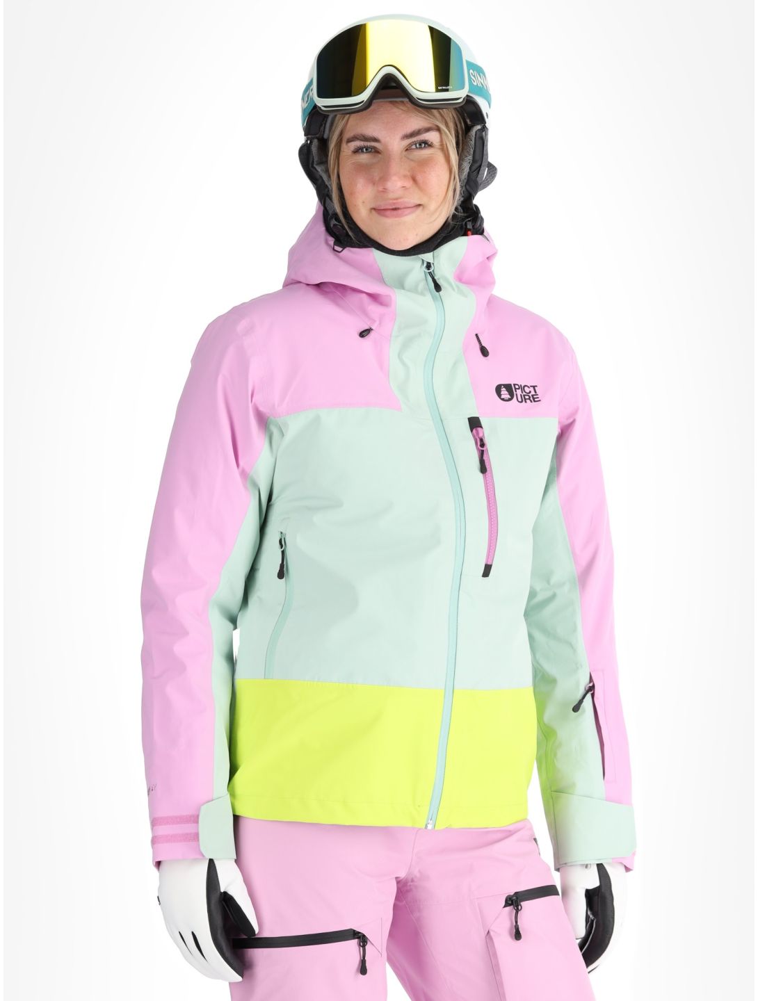 Picture, Sylva 3L hardshell ski jacket women Orchid Silt Green Acid Lime green, grey, pink 