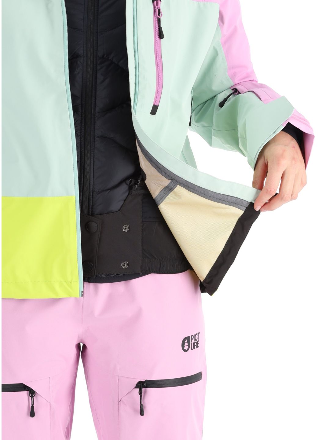 Picture, Sylva 3L hardshell ski jacket women Orchid Silt Green Acid Lime green, grey, pink 