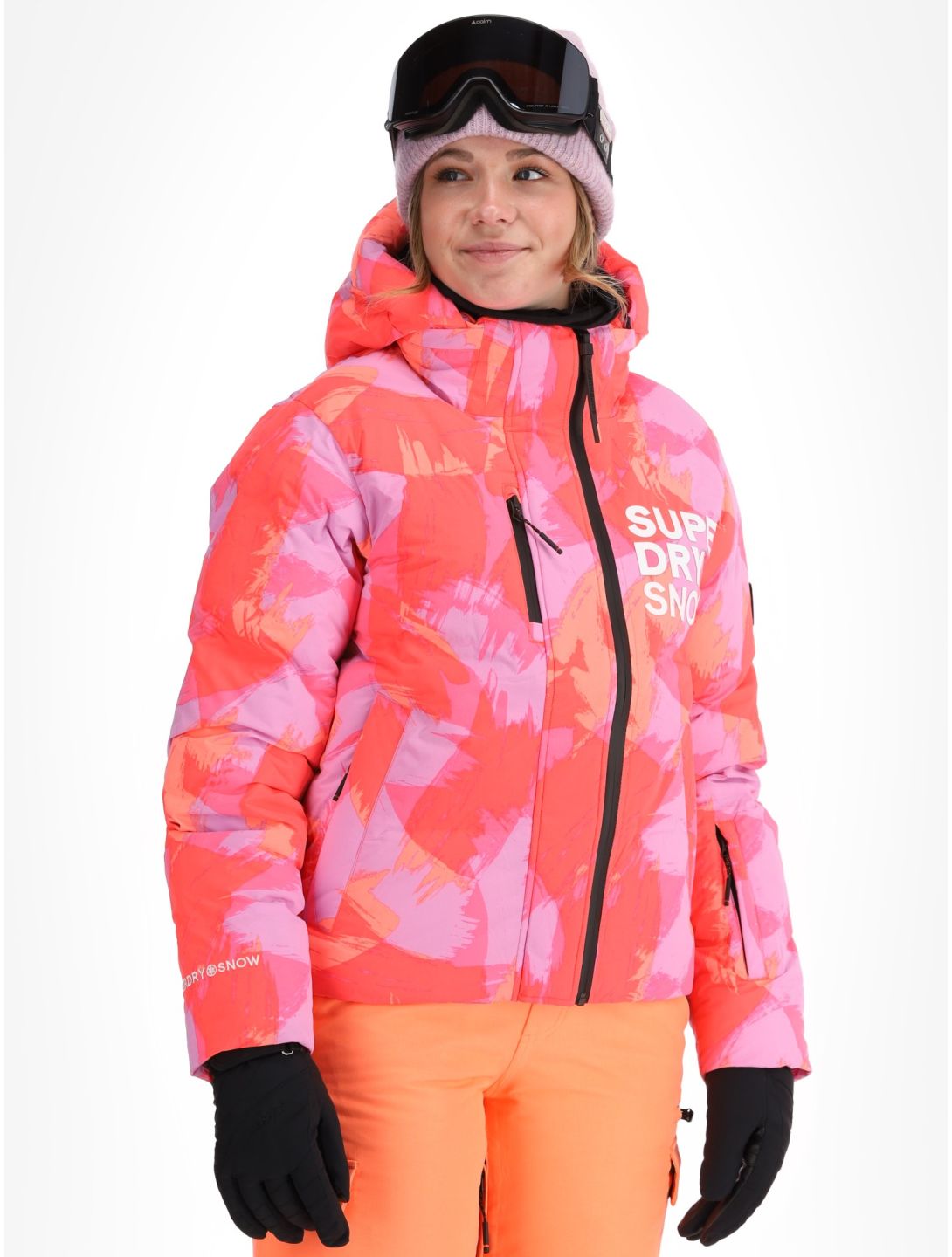 Superdry, Hooded Ski Boxy Puffer ski jacket women Brush Camo Coral pink 