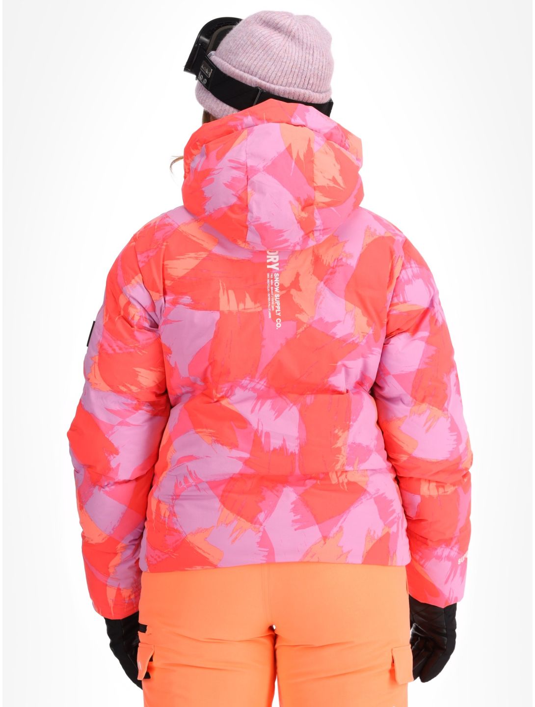 Superdry, Hooded Ski Boxy Puffer ski jacket women Brush Camo Coral pink 