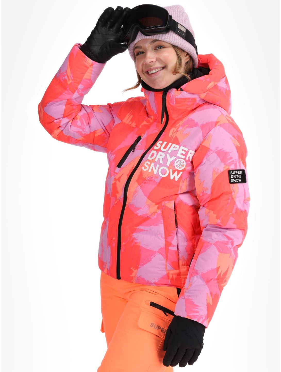 Superdry, Hooded Ski Boxy Puffer ski jacket women Brush Camo Coral pink 