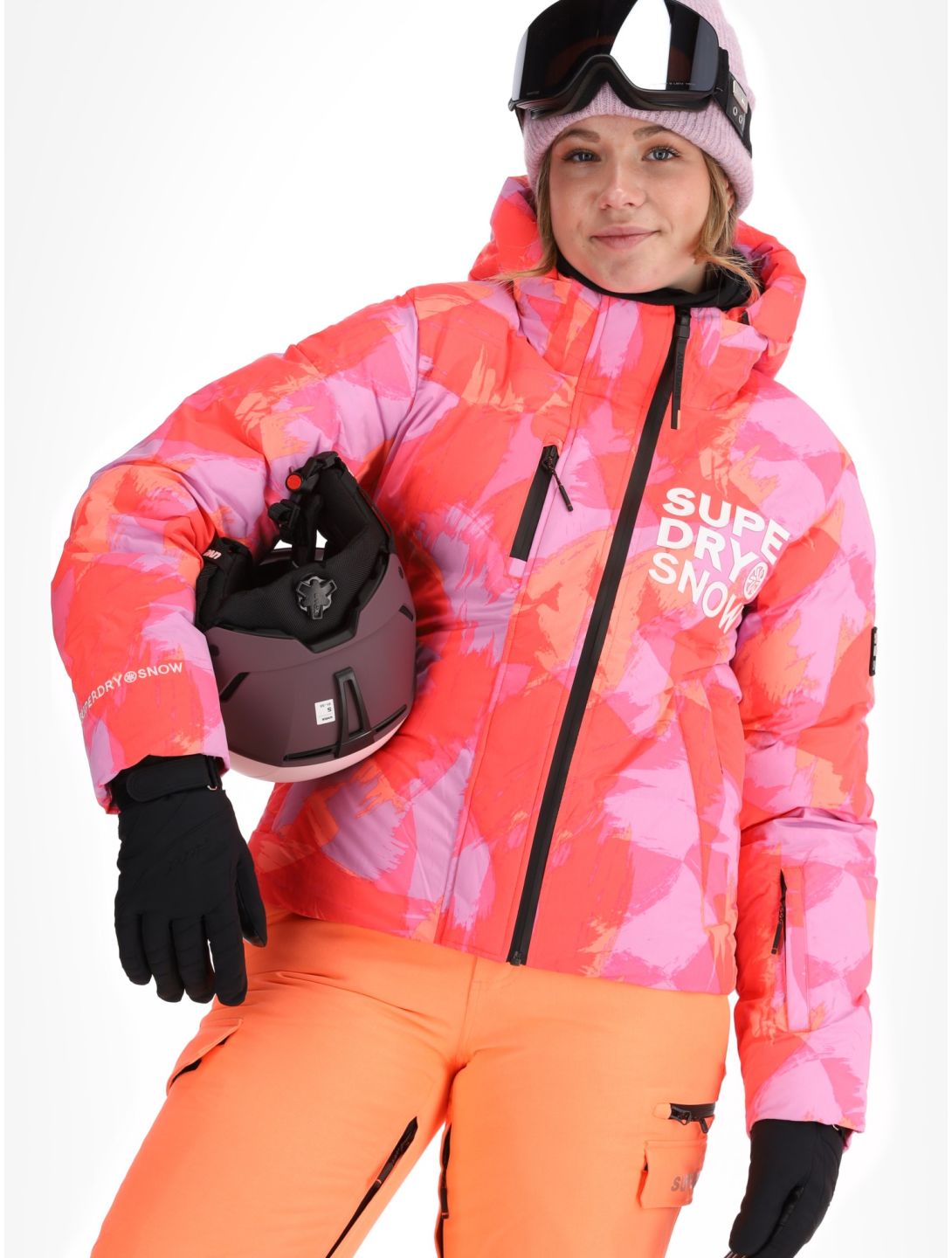 Superdry, Hooded Ski Boxy Puffer ski jacket women Brush Camo Coral pink 