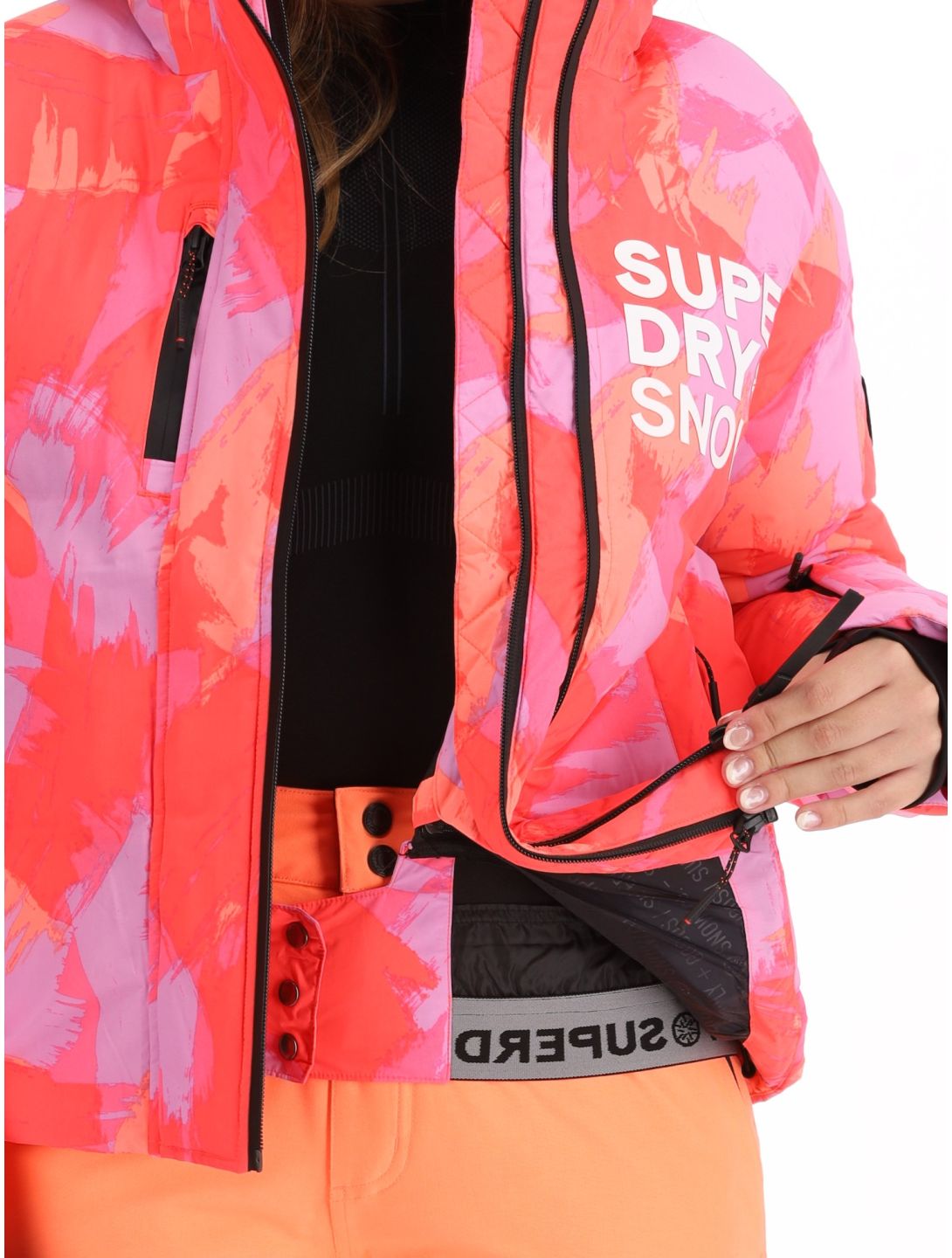 Superdry, Hooded Ski Boxy Puffer ski jacket women Brush Camo Coral pink 