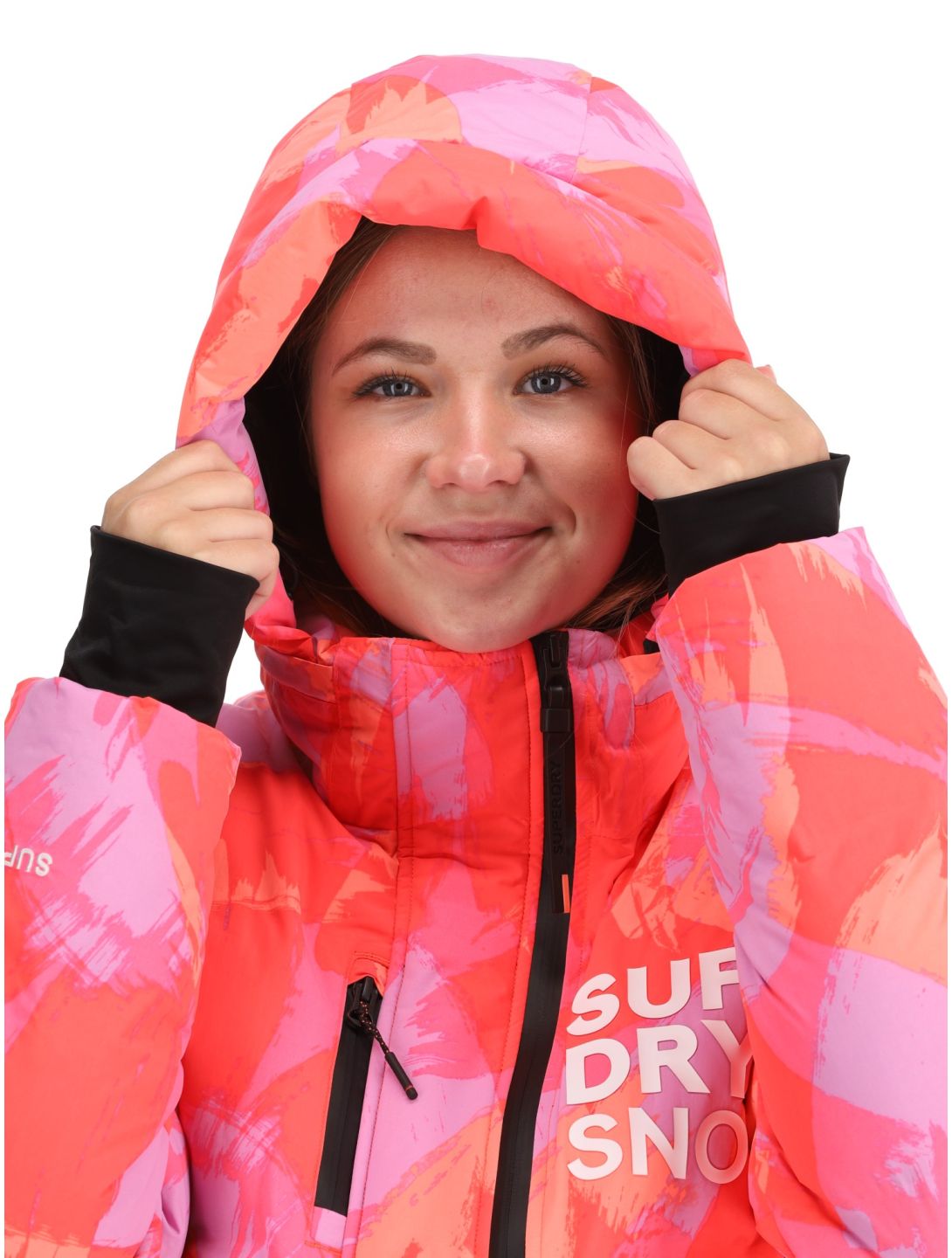 Superdry, Hooded Ski Boxy Puffer ski jacket women Brush Camo Coral pink 