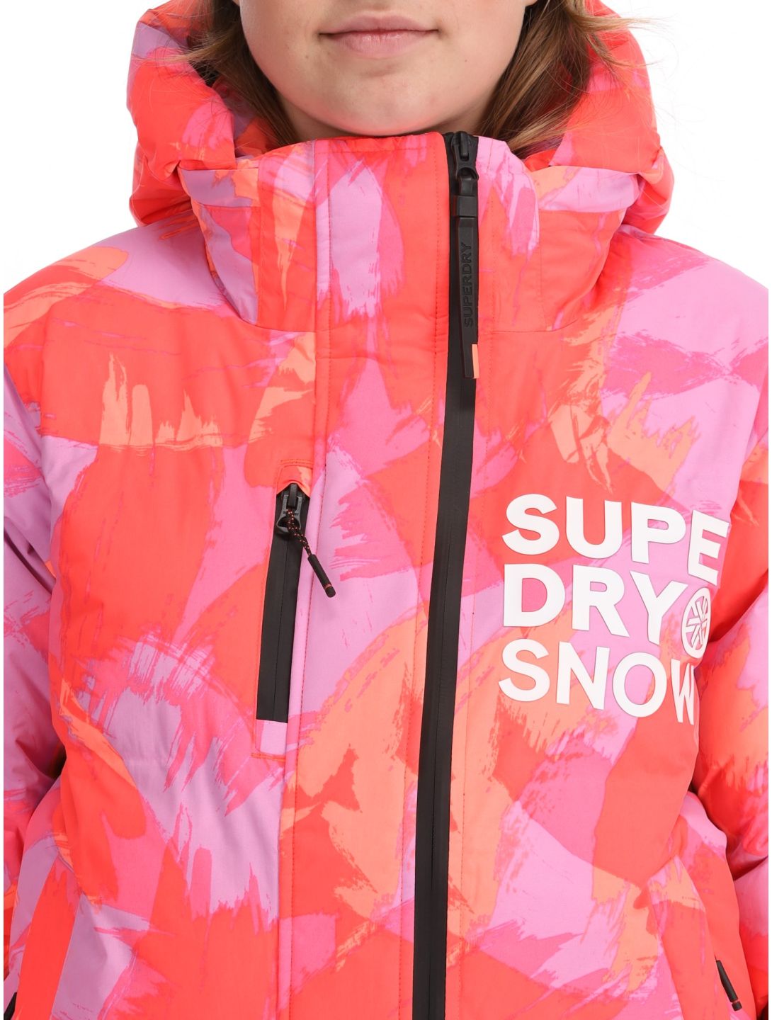 Superdry, Hooded Ski Boxy Puffer ski jacket women Brush Camo Coral pink 