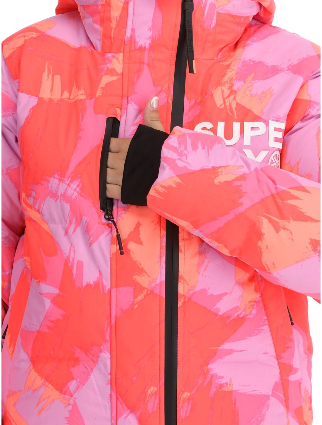 Superdry, Hooded Ski Boxy Puffer ski jacket women Brush Camo Coral pink 