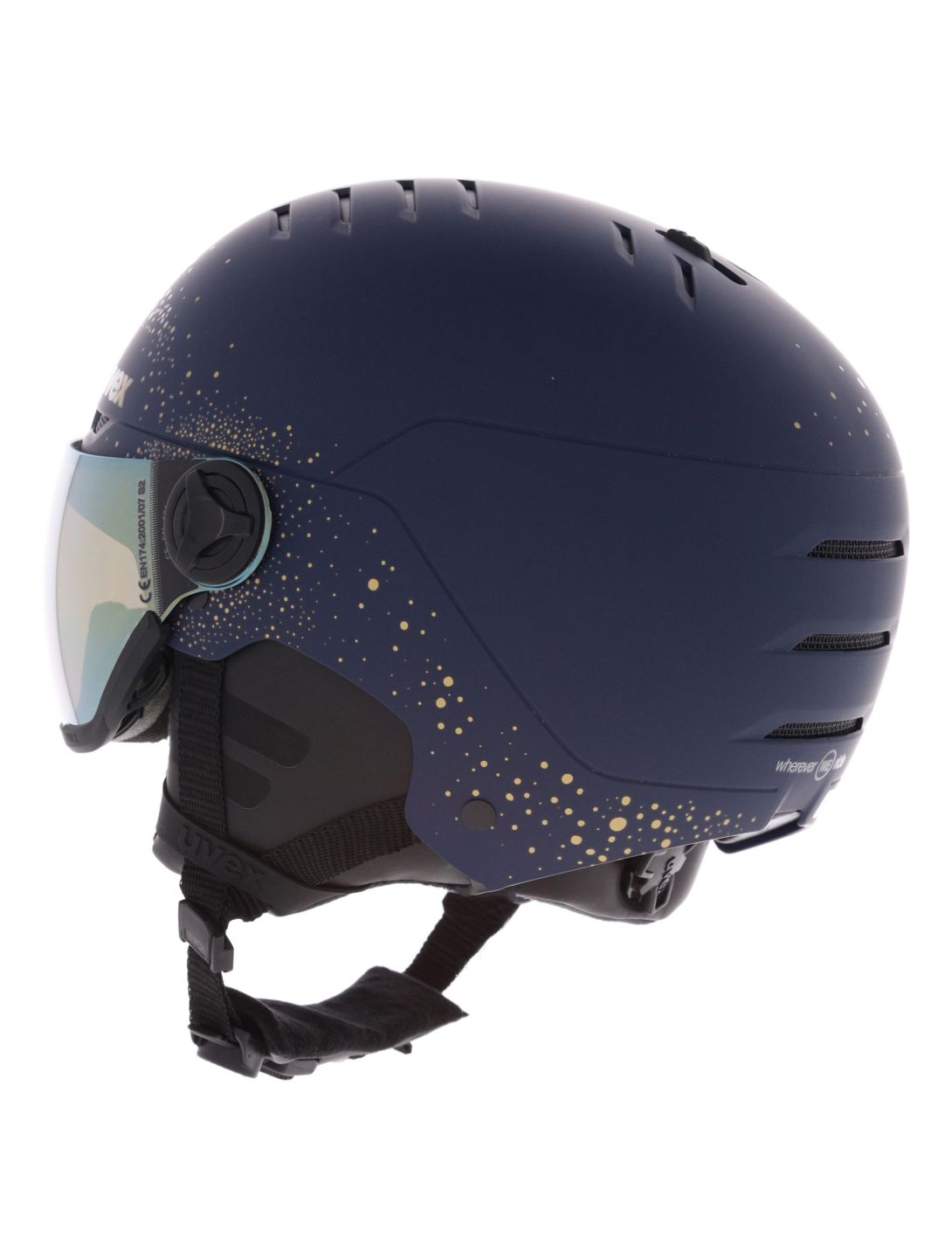 Uvex, Wanted Visor Women Edition ski helmet with visor unisex Polar Sparkle / Mirror Gold blue 