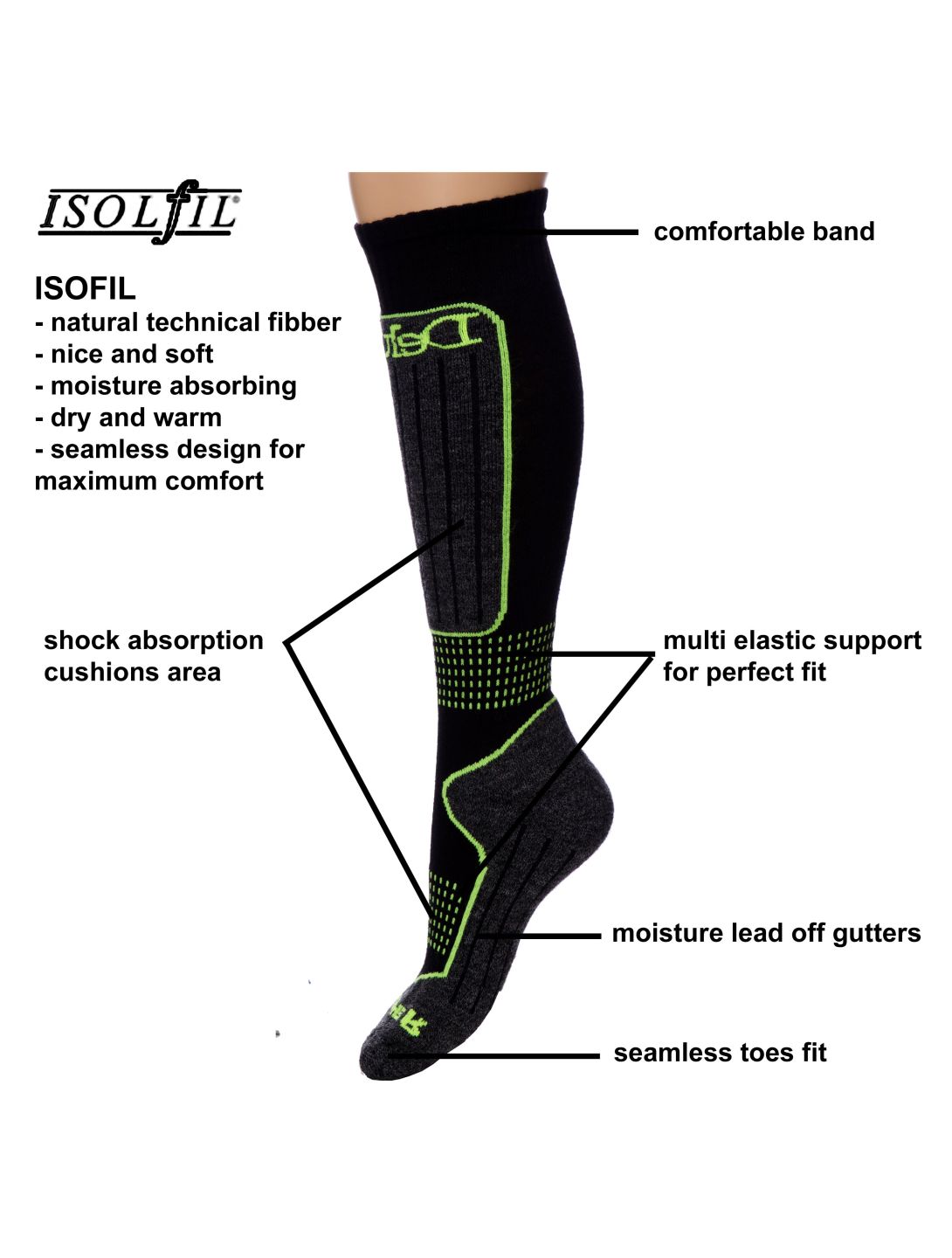 Deluni, Gaia ski socks unisex Black With Neon Green Lines black, green 